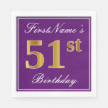 [ Thumbnail: Elegant Purple, Faux Gold 51st Birthday + Name Napkins ]