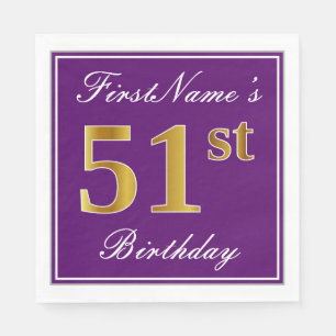 Elegant Purple, Faux Gold 51st Birthday + Name Napkins