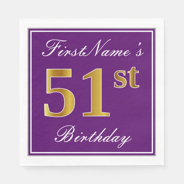 Elegant Purple, Faux Gold 51st Birthday + Name Napkins (Front)