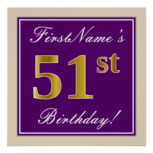 Elegant Purple Faux Gold 51st Birthday  Name Poster