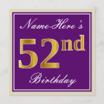 [ Thumbnail: Elegant, Purple, Faux Gold 52nd Birthday + Name Invitation ]