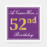 [ Thumbnail: Elegant Purple, Faux Gold 52nd Birthday + Name Napkins ]