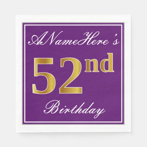 Elegant Purple Faux Gold 52nd Birthday  Name Napkins