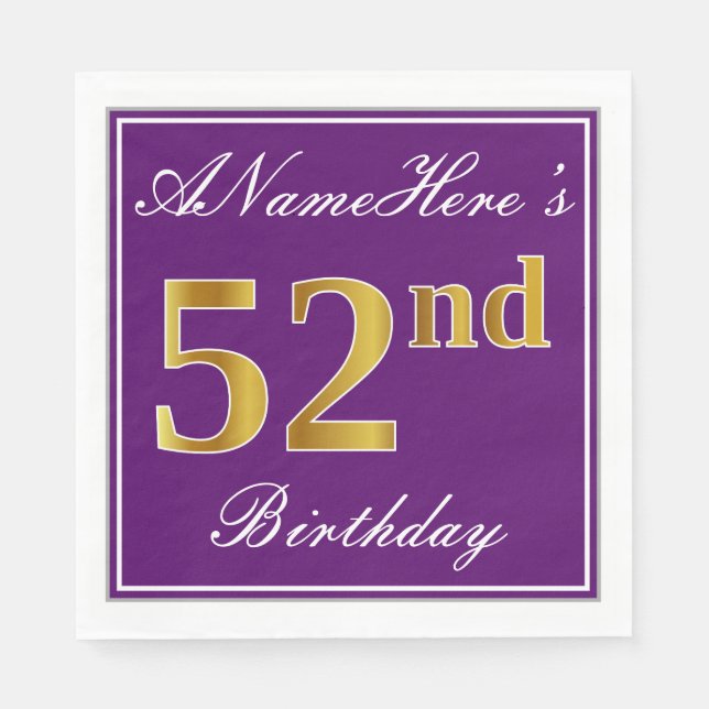 Elegant Purple, Faux Gold 52nd Birthday + Name Napkins (Front)