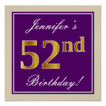 [ Thumbnail: Elegant, Purple, Faux Gold 52nd Birthday + Name Poster ]