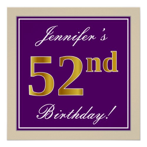Elegant Purple Faux Gold 52nd Birthday  Name Poster