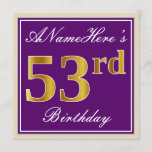 [ Thumbnail: Elegant, Purple, Faux Gold 53rd Birthday + Name Invitation ]