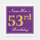 [ Thumbnail: Elegant Purple, Faux Gold 53rd Birthday + Name Napkins ]