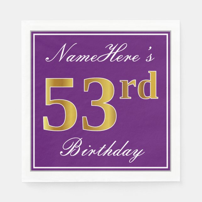 Elegant Purple, Faux Gold 53rd Birthday + Name Napkins (Front)