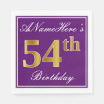 [ Thumbnail: Elegant Purple, Faux Gold 54th Birthday + Name Napkins ]