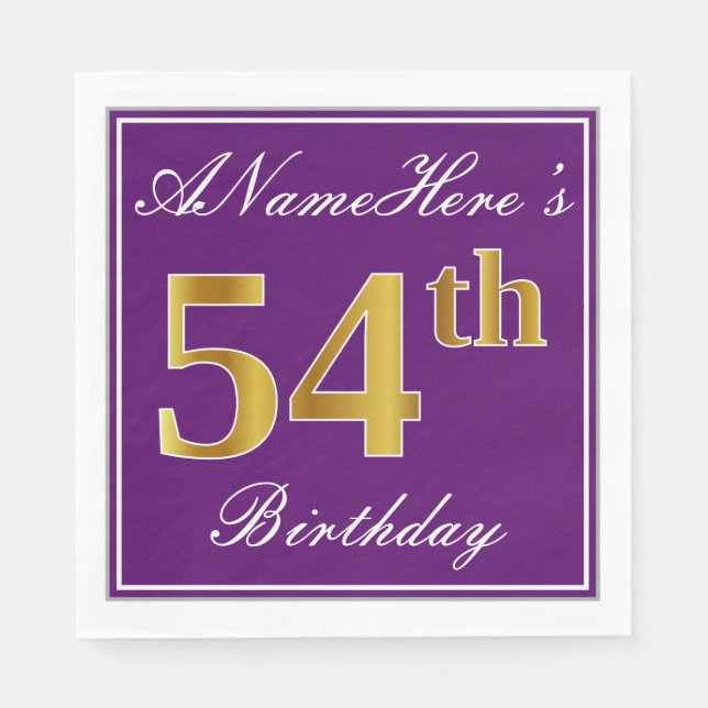 Elegant Purple, Faux Gold 54th Birthday + Name Napkins (Front)