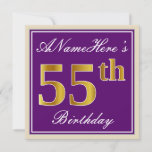 [ Thumbnail: Elegant, Purple, Faux Gold 55th Birthday + Name Invitation ]