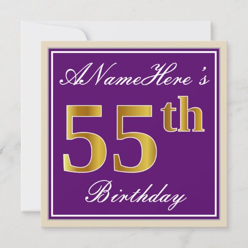 Elegant Purple Faux Gold 55th Birthday  Name Invitation