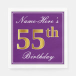 [ Thumbnail: Elegant Purple, Faux Gold 55th Birthday + Name Napkins ]