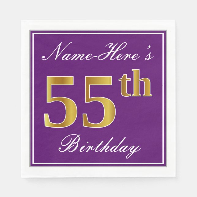 Elegant Purple, Faux Gold 55th Birthday + Name Paper Napkins (Front)