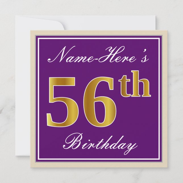Elegant, Purple, Faux Gold 56th Birthday + Name Invitation (Front)