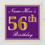 [ Thumbnail: Elegant, Purple, Faux Gold 56th Birthday + Name Invitation ]
