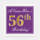 [ Thumbnail: Elegant Purple, Faux Gold 56th Birthday + Name Napkins ]