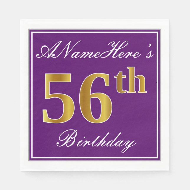 Elegant Purple, Faux Gold 56th Birthday + Name Napkins (Front)
