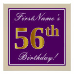 [ Thumbnail: Elegant, Purple, Faux Gold 56th Birthday + Name Poster ]