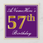 [ Thumbnail: Elegant, Purple, Faux Gold 57th Birthday + Name Invitation ]