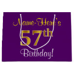 [ Thumbnail: Elegant, Purple, Faux Gold 57th Birthday + Name Gift Bag ]