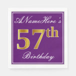[ Thumbnail: Elegant Purple, Faux Gold 57th Birthday + Name Napkins ]