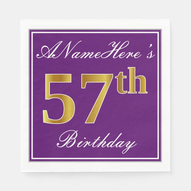 Elegant Purple, Faux Gold 57th Birthday + Name Napkins (Front)