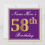 [ Thumbnail: Elegant, Purple, Faux Gold 58th Birthday + Name Invitation ]