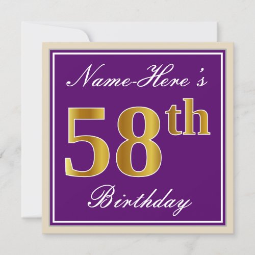 Elegant Purple Faux Gold 58th Birthday  Name Invitation