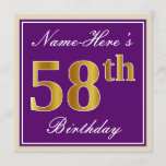 [ Thumbnail: Elegant, Purple, Faux Gold 58th Birthday + Name Invitation ]
