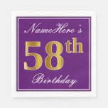 [ Thumbnail: Elegant Purple, Faux Gold 58th Birthday + Name Napkins ]
