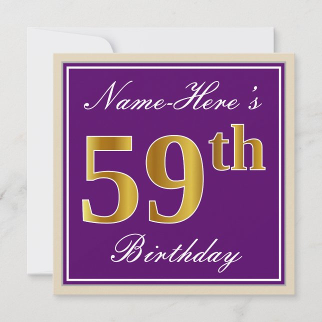 Elegant, Purple, Faux Gold 59th Birthday + Name Invitation (Front)
