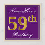[ Thumbnail: Elegant, Purple, Faux Gold 59th Birthday + Name Invitation ]
