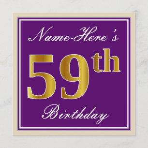 Elegant, Purple, Faux Gold 59th Birthday + Name Invitation