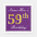 [ Thumbnail: Elegant Purple, Faux Gold 59th Birthday + Name Napkins ]