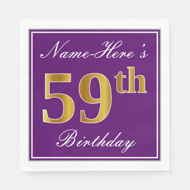 Elegant Purple, Faux Gold 59th Birthday + Name Napkins (Front)