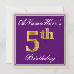 [ Thumbnail: Elegant, Purple, Faux Gold 5th Birthday + Name Invitation ]