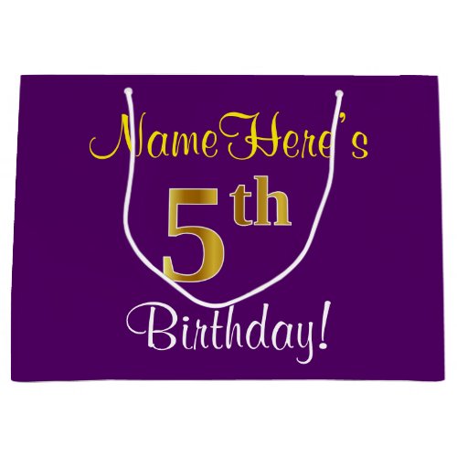 Elegant Purple Faux Gold 5th Birthday  Name Large Gift Bag