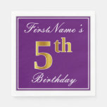 [ Thumbnail: Elegant Purple, Faux Gold 5th Birthday + Name Napkin ]