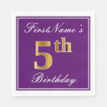 [ Thumbnail: Elegant Purple, Faux Gold 5th Birthday + Name Napkins ]
