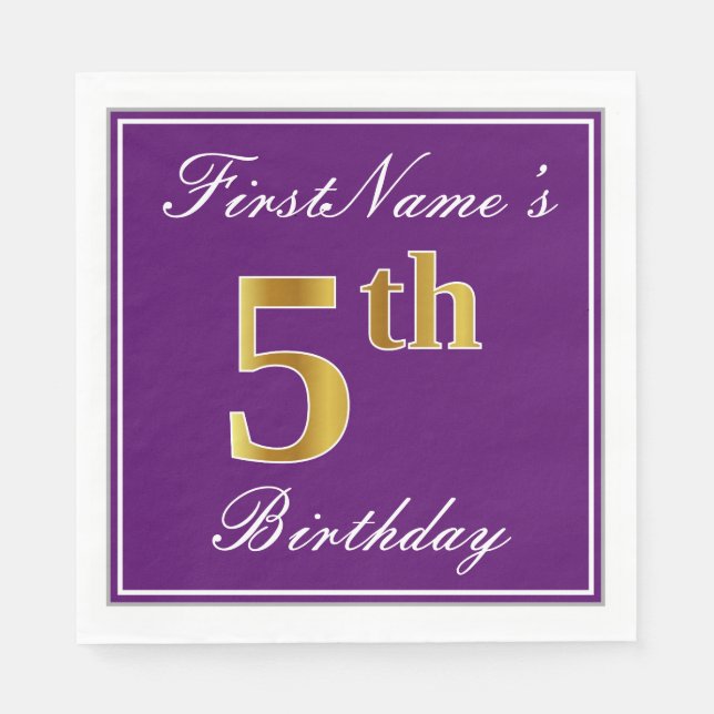 Elegant Purple, Faux Gold 5th Birthday + Name Napkins (Front)