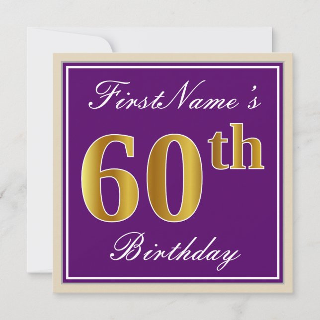 Elegant, Purple, Faux Gold 60th Birthday + Name Invitation (Front)