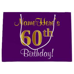 Elegant, Purple, Faux Gold 60th Birthday + Name Large Gift Bag