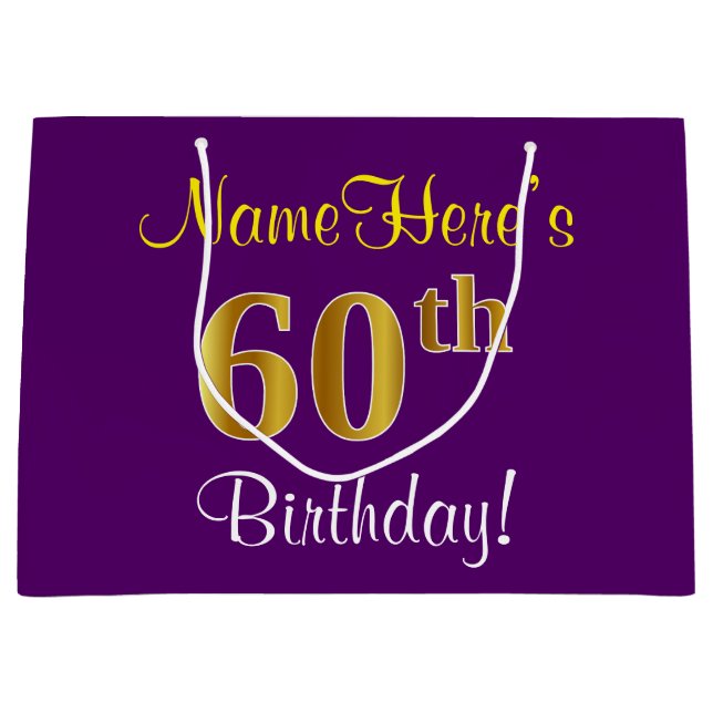 Elegant, Purple, Faux Gold 60th Birthday + Name Large Gift Bag (Front)
