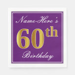[ Thumbnail: Elegant Purple, Faux Gold 60th Birthday + Name Paper Napkin ]