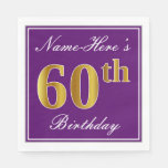 [ Thumbnail: Elegant Purple, Faux Gold 60th Birthday + Name Napkins ]