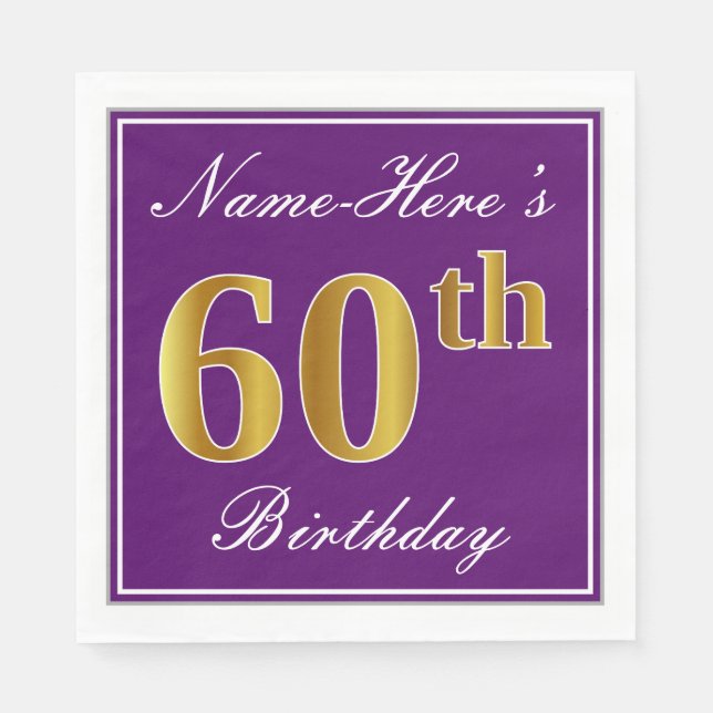 Elegant Purple, Faux Gold 60th Birthday + Name Paper Napkins (Front)