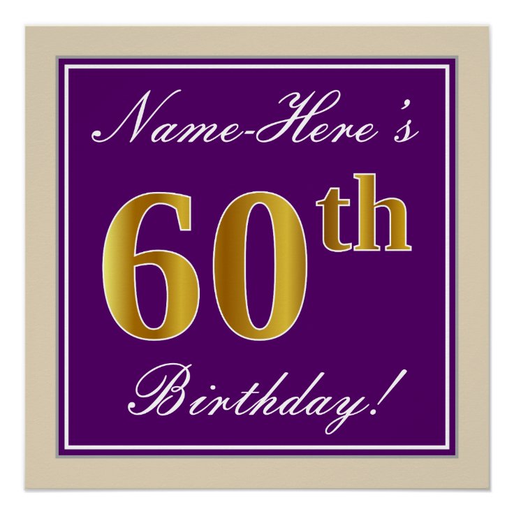 Elegant, Purple, Faux Gold 60th Birthday + Name Poster | Zazzle