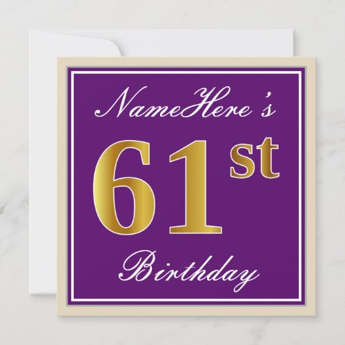 Elegant Purple Faux Gold 61st Birthday  Name Invitation